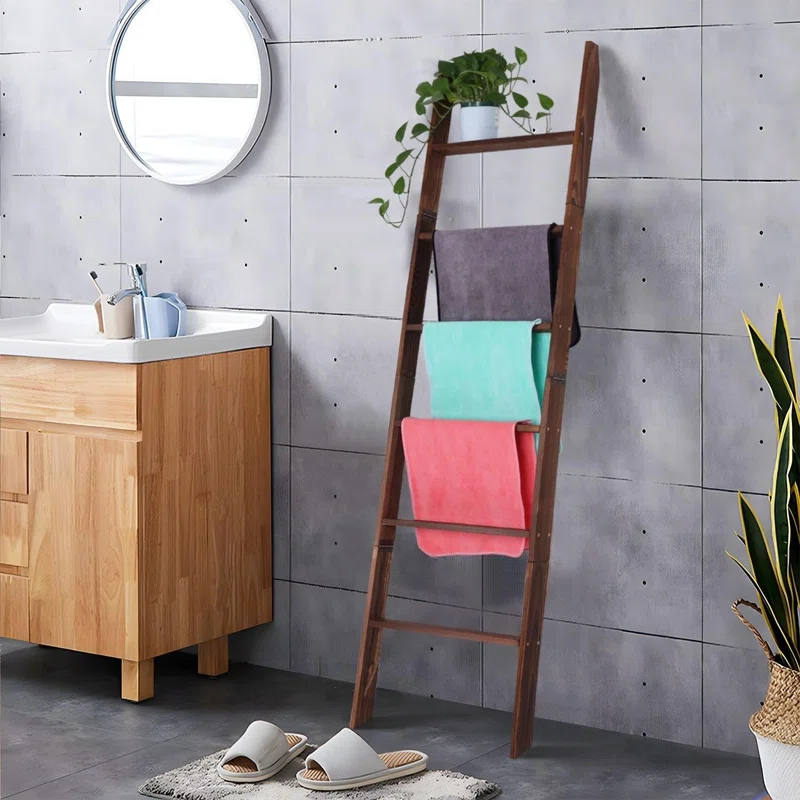 Latitude Run® Blanket Ladder For Living Room And Bedroom,6-Tier Decorative Display Ladder Shelf,Ladder Rack For Storage And Decor,Wall Leaning Farmhouse Blanket Storage,Towel Rack, Bathroom,Brown