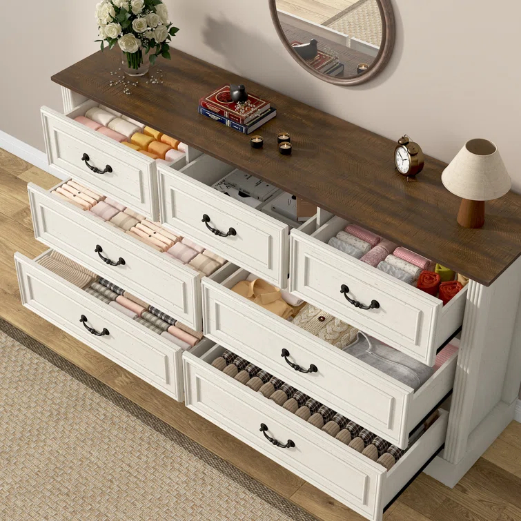 Charlton Home® 59" Farmhouse Dresser With 7 Spacious Drawers – Rustic Wooden Storage Cabinet For Bedroom, Living Room, Or Entryway