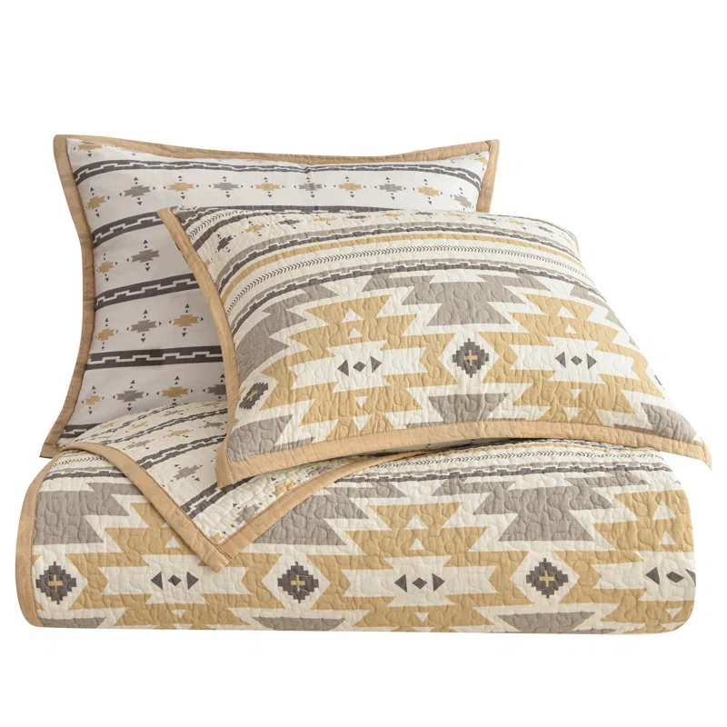 Paseo Road by HiEnd Accents Desert Sage Gray/Tan/White Aztec Print Cotton Southwestern Style Reversible Quilt Set