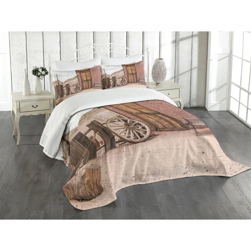 Ambesonne Barn Wood Wagon Wheel Bedspread Set Farmhouse Umber Pale Brown