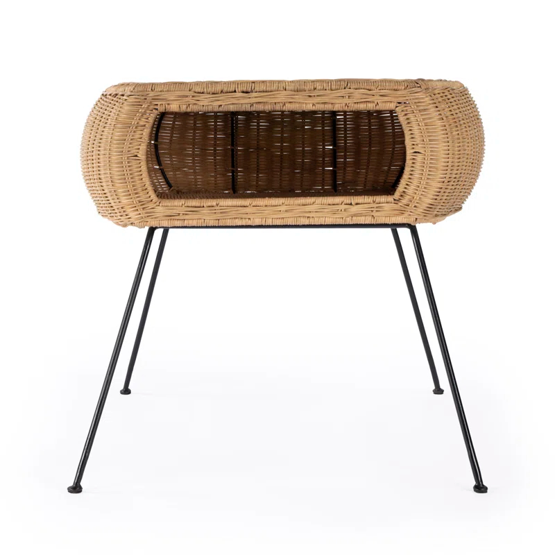 Natural Rattan and Black Iron Round End Table