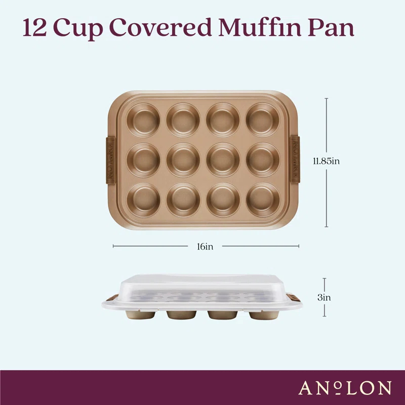 Anolon Anolon Advanced Bakeware 12-Cup Nonstick Muffin Pan with Silicone Grips and Lid, Bronze