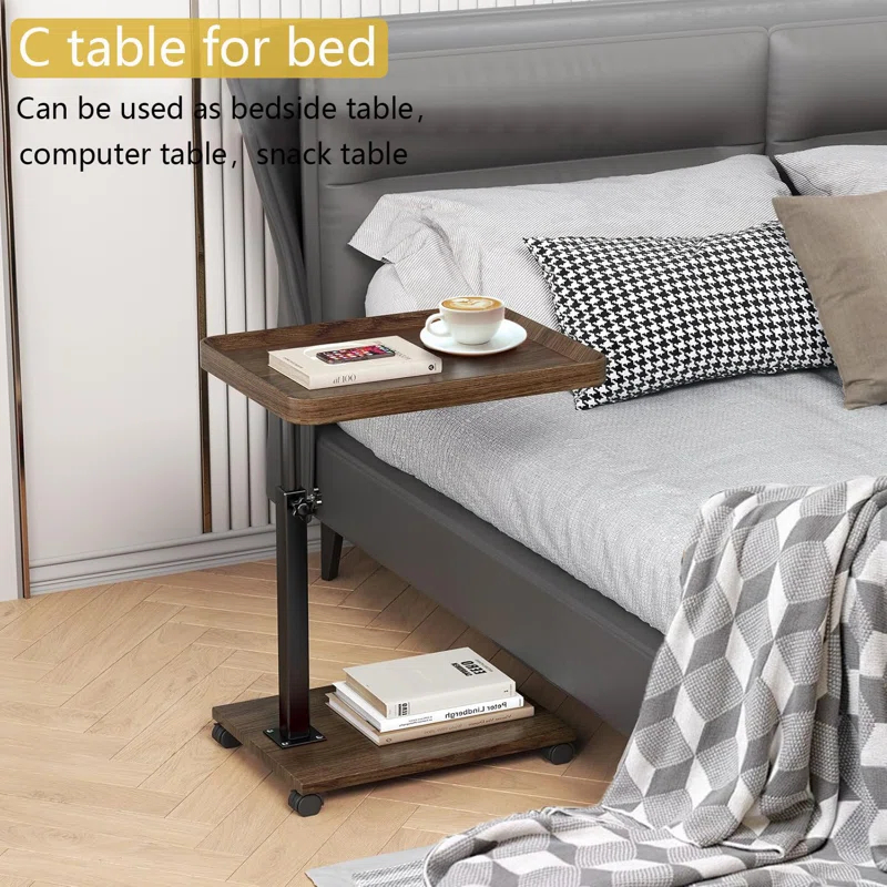 17 Stories C Table End Table Adjustable Height, 360°Swivel TV Tray Table For Small Spaces, C Shaped Side Tables With Wheels, White