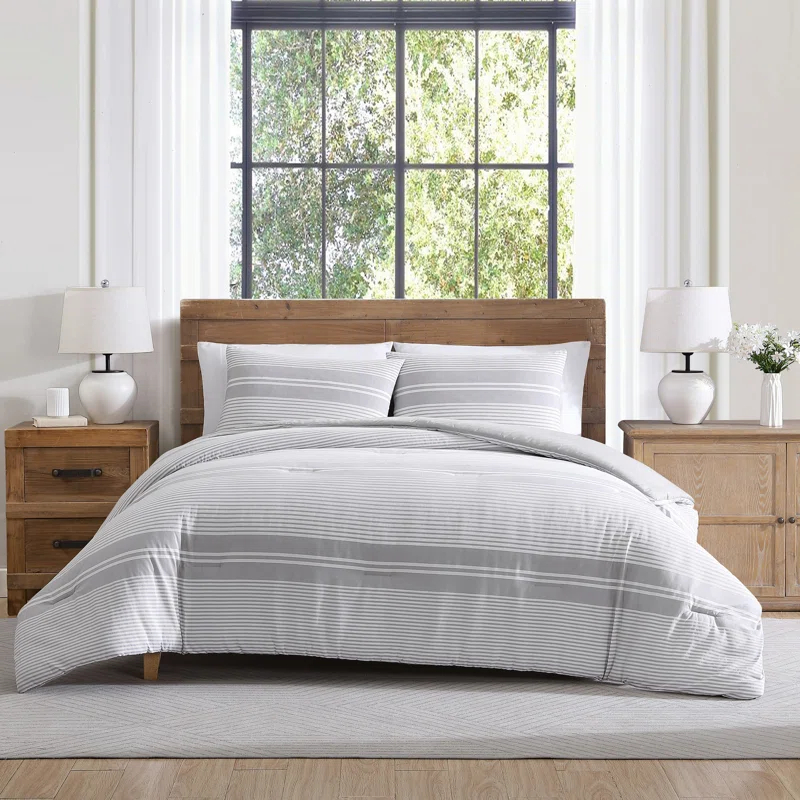 Tahari Gwen 3-Piece White/Grey Waffle Stripe Cotton Comforter Set