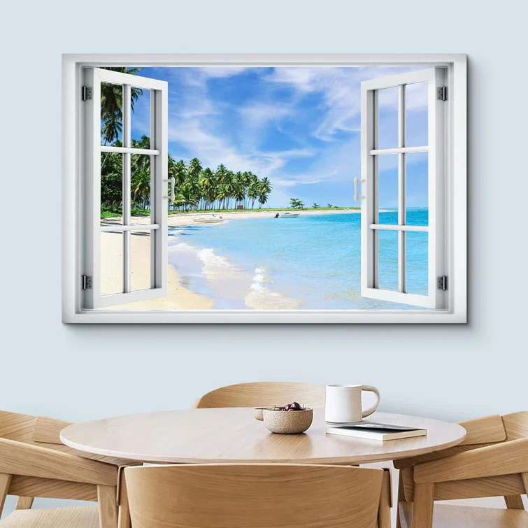 IDEA4WALL Window Scenery " Window View Teal Blue Beach Shore Tropical Island Wilderness Nature "