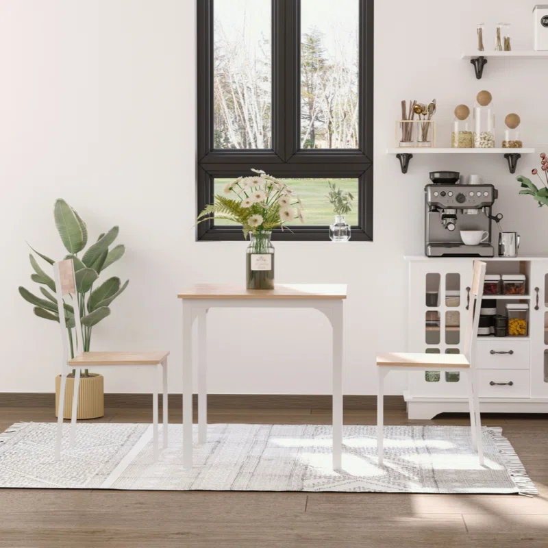 George Oliver HOMCOM 3-Piece Wooden Square Dining Table Set With 1 Table And 2 Chairs And Sturdy Metal Frame For Small Space, White