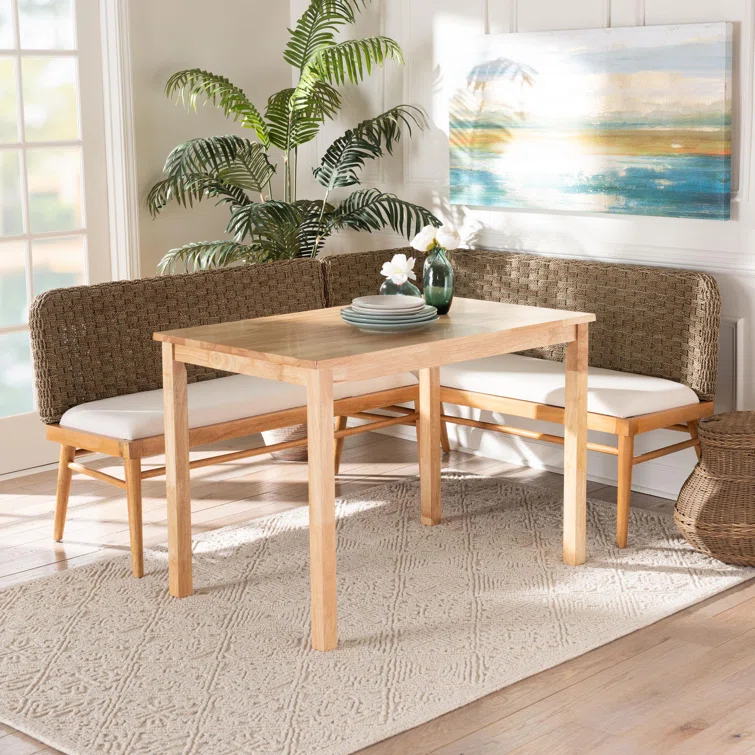 Highland Dunes Aafrin Bali & Pari Denver Modern Bohemian Natural Seagrass And Acacia Wood 3-Piece Dining Nook Set