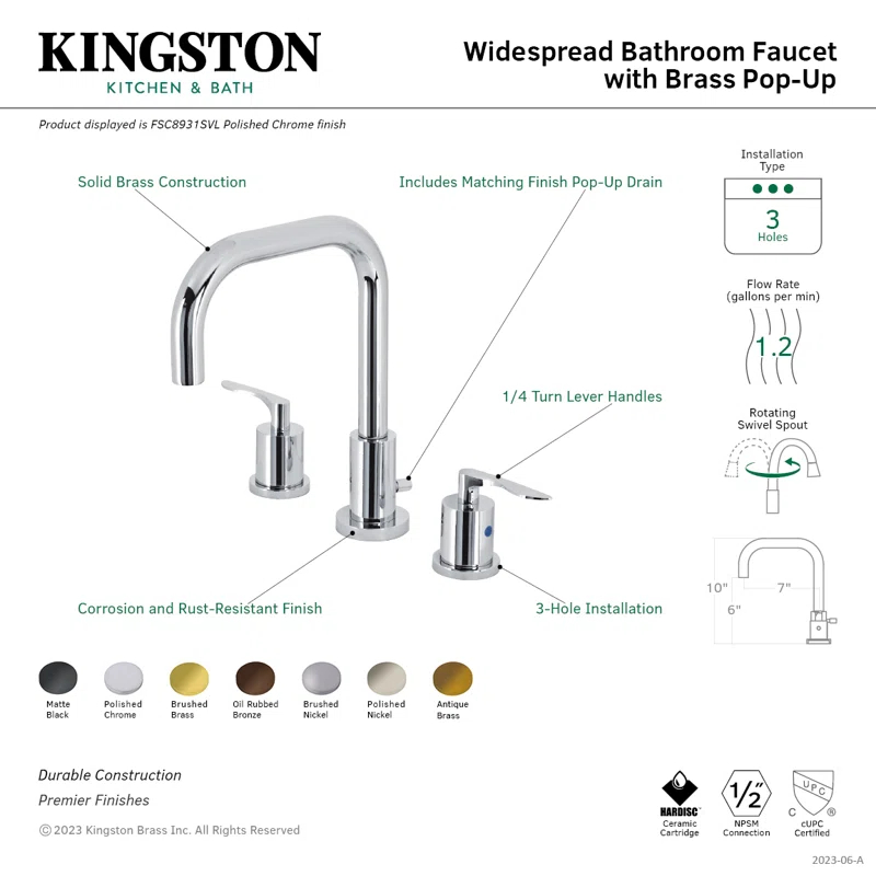 Kingston Brass FSC8931SVL Kingston Brass Serena Two-Handle 3-Hole Deck Mount Widespread Bathroom Faucet with Brass Pop-Up Drain