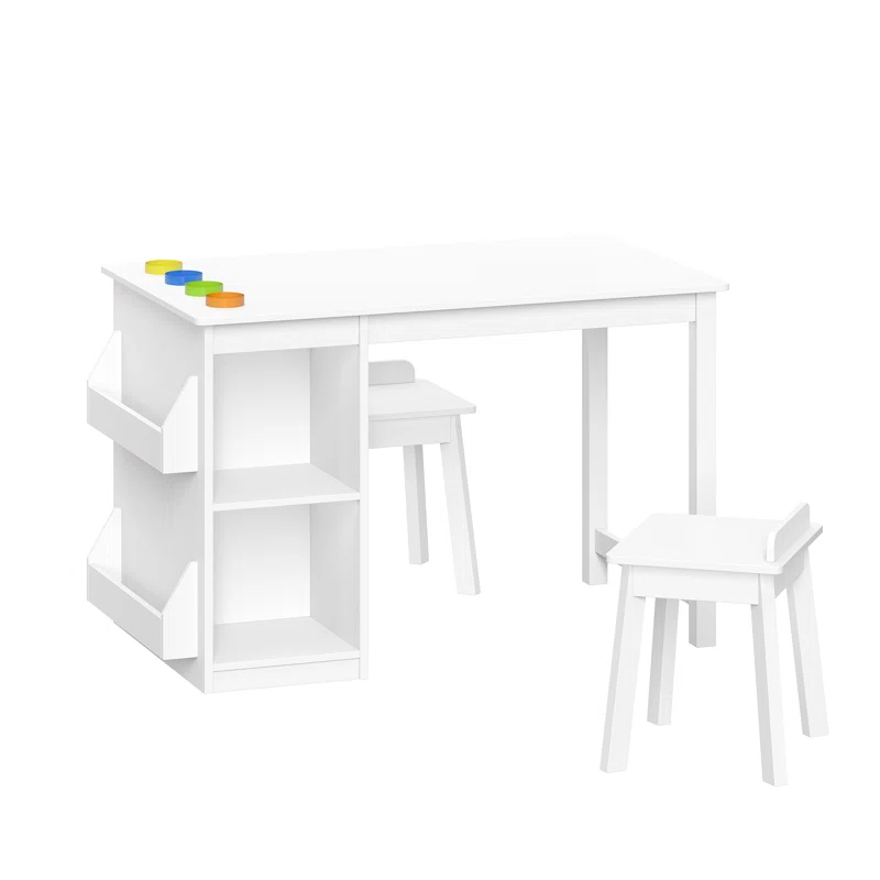 RiverRidge Kids Playroom Art Activity Table with 2 Cubbies and 2 Bookracks - White with 2 Chairs for Playroom, Nursery, and Daycare