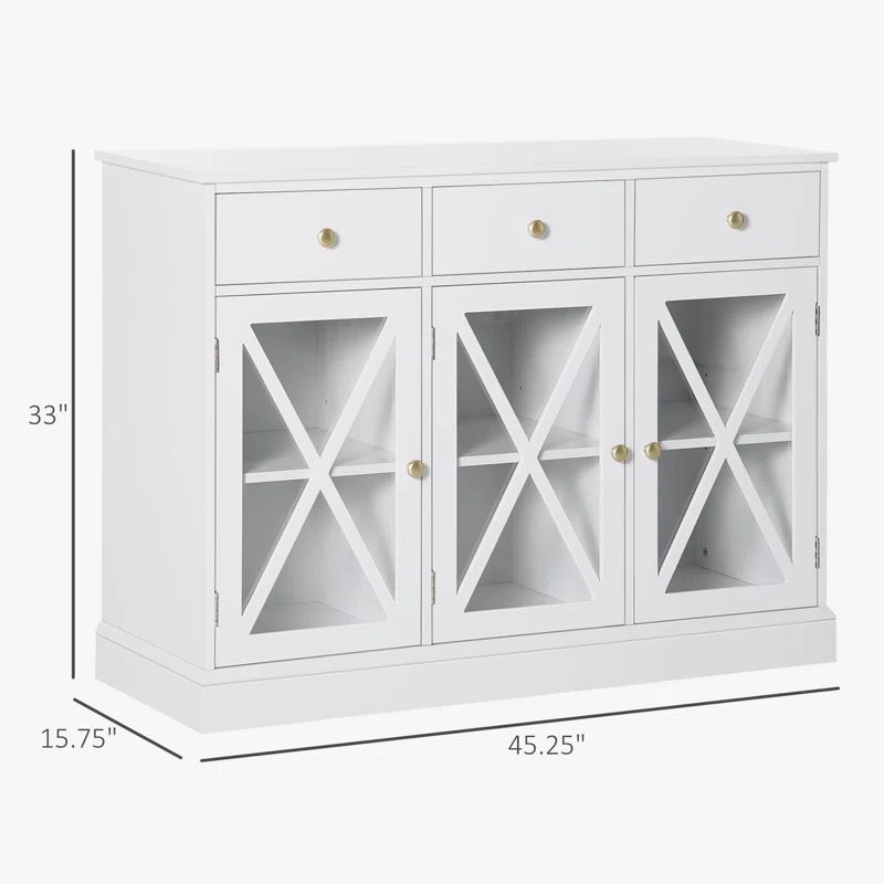 Gracie Oaks 45" Farmhouse Sideboard Buffet Cabinet, Credenza,Coffee Bar Cabinet with Glass Doors and 3 Drawers, White