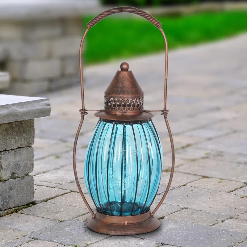 Exhart Exhart Solar Antique Metal and Glass Accent Lantern with Fifteen LED Fairy Firefly String Lights, 7 by 14"