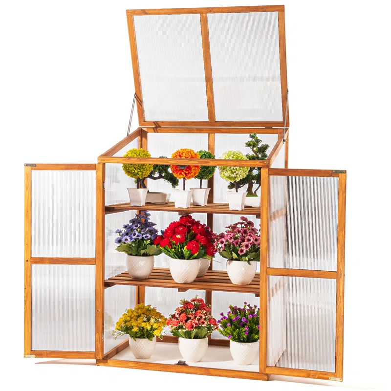 Wood Cold Frame Greenhouse for Outdoors, 2-Tier Greenhouse Cabinet