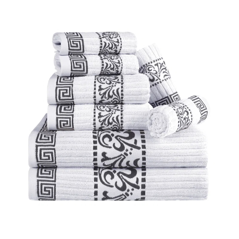 Superior Athens Cotton Medium Weight Floral Border Greek Key Trim 8 Piece Assorted Towel Set by Superior