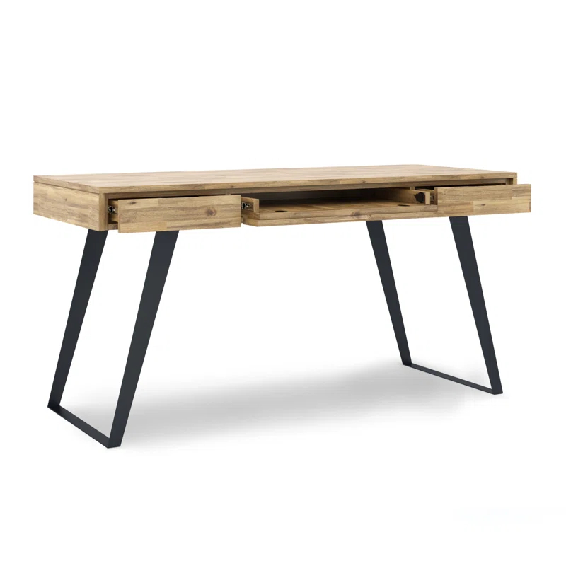 Simpli Home Lowry Solid Acacia Wood Desk, Industrial Style with Keyboard Tray and 2 Drawers