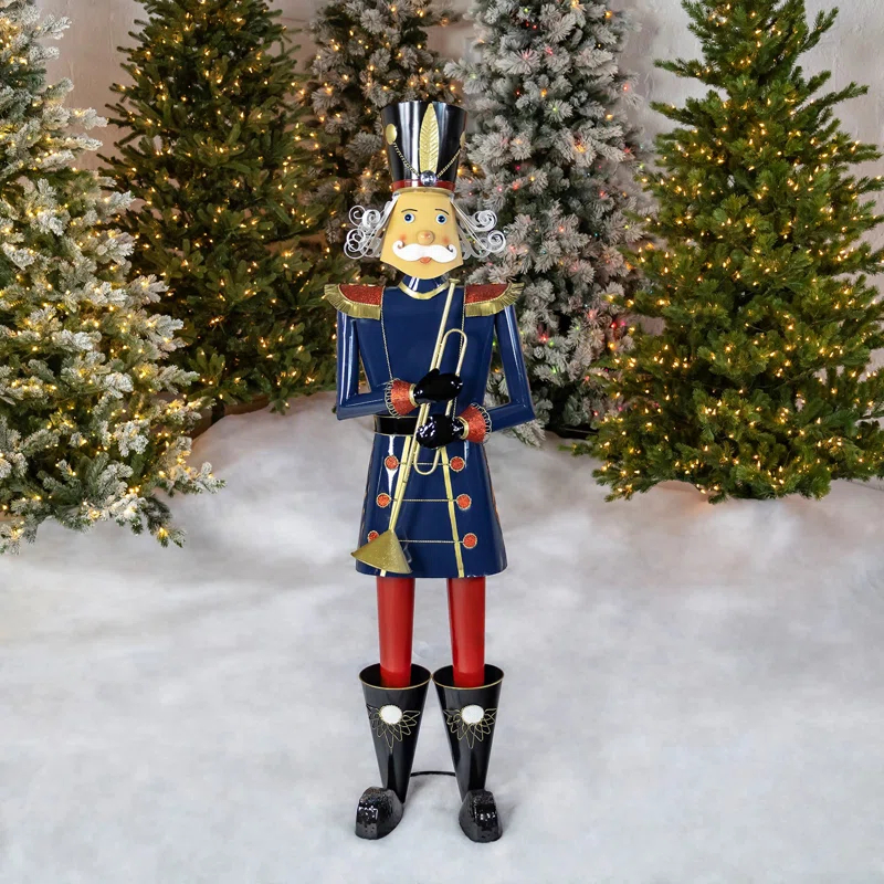 59" Tall Iron Christmas Blue Nutcracker Holding Trumpet "Harold"