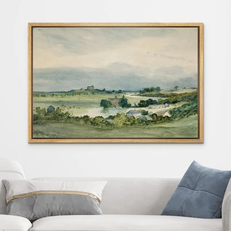 IDEA4WALL Rustic Countryside " IDEA4WALL Framed Canvas Print Wall Art Aerial View Pastel Green Forest Valley Nature Wilderness Illustrations Fine Art Decorative Rustic Multicolor For Living Room, Bedroom, Office "