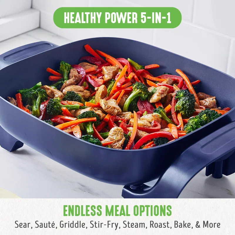 UZOPAL 12" 5QT Square Electric Skillet with Glass Vented Lid, PFAS-Free Ceramic Nonstick Interior