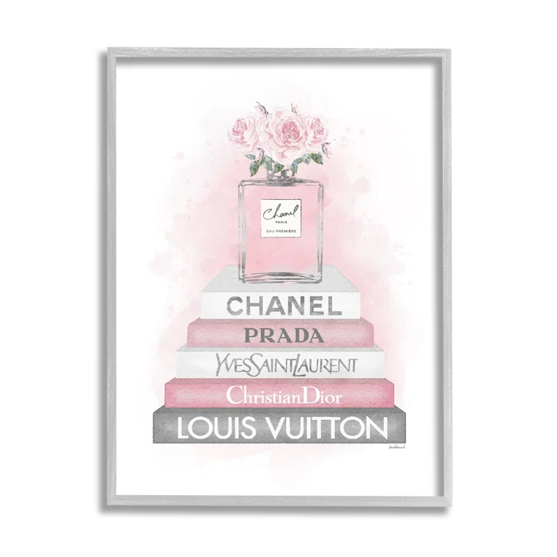 Stupell Industries Pink Roses Perfume Bottle Glam Fashion Bookstack XXL Black Framed Giclee Texturized Art By Amanda Greenwood & Reviews | Wayfair