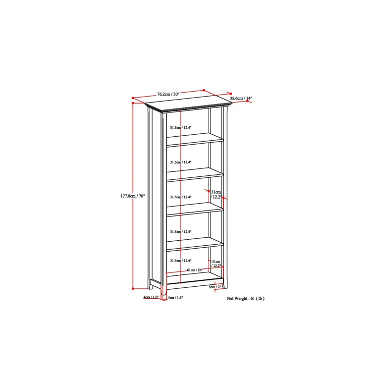 Simpli Home Amherst 30"W Solid Wood 5 Shelf Bookcase with Adjustable Shelves