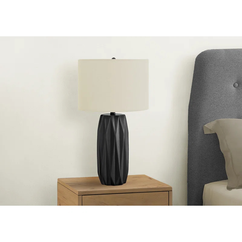 Benjara Table Lamp, 25 Inch Black Textured Ceramic Base, Ivory Fabric Shade