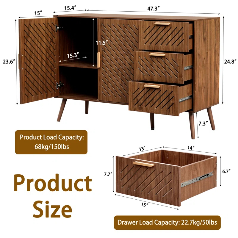 George Oliver Storage Cabinet With 3 Drawers & Double Doors, Kitchen Buffet Sideboard Cabinet,Wood Storage Organizer For Kitchen, Living Room, Dining Room, Brown & Reviews | Wayfair