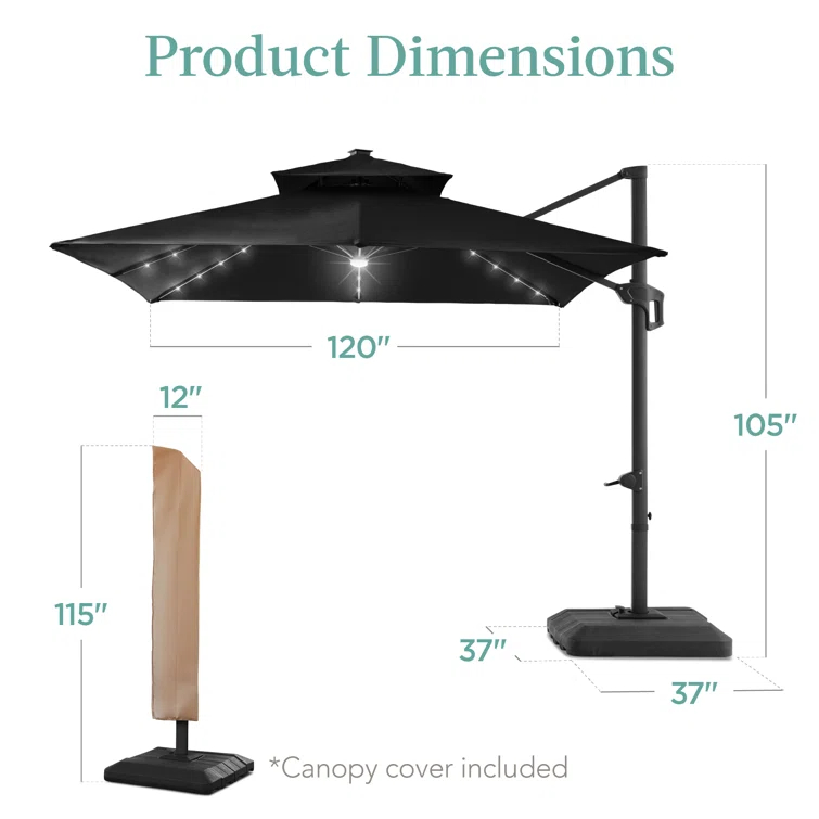 Arlmont & Co. Ronessa 10x10ft 2-Tier Square Outdoor Solar LED Cantilever Patio Umbrella w/ Base Included