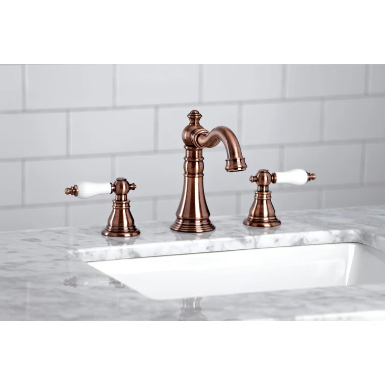 Kingston Brass American Patriot Two-Handle 3-Hole Deck Mount Widespread Bathroom Faucet with Pop-Up Drain