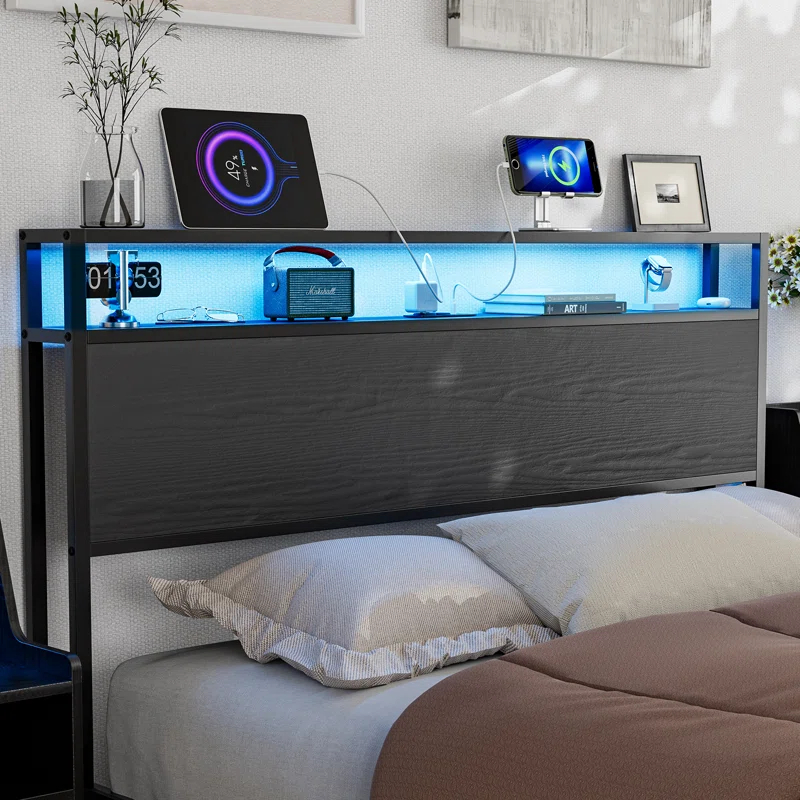 Ivy Bronx Kaiwei Storage Headboard With Led Lights & Charging Station - Industrial Metal And Wood