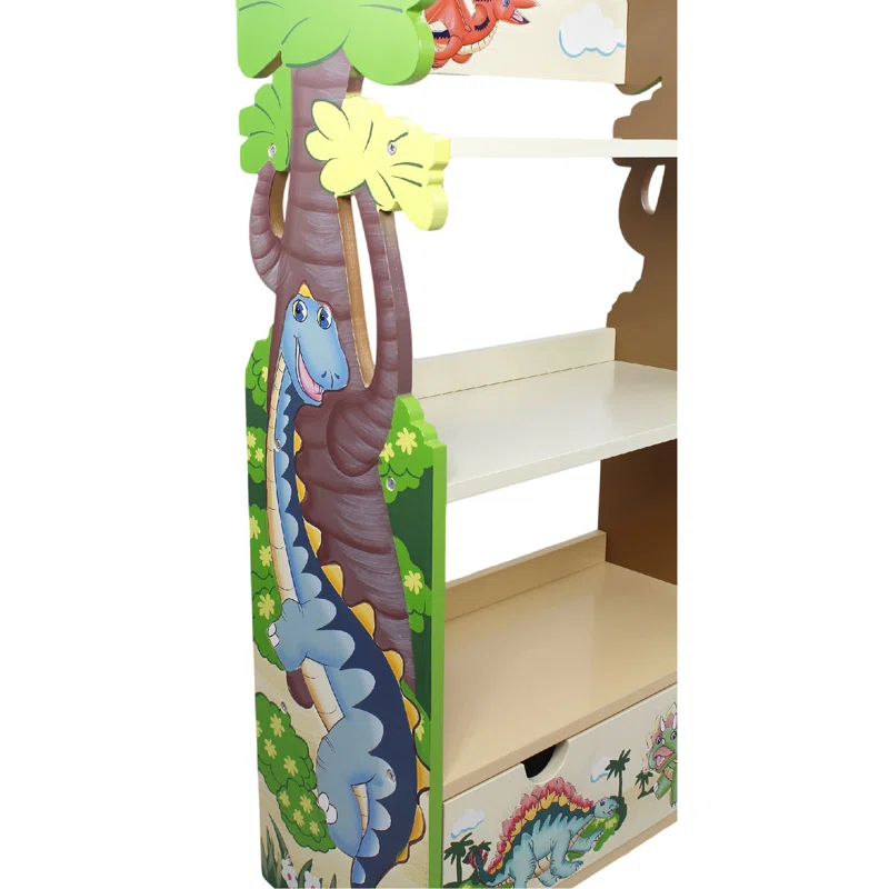 Teamson Kids Dinosaur Kingdom Kids Wooden 3-Tier Bookshelf with Drawer