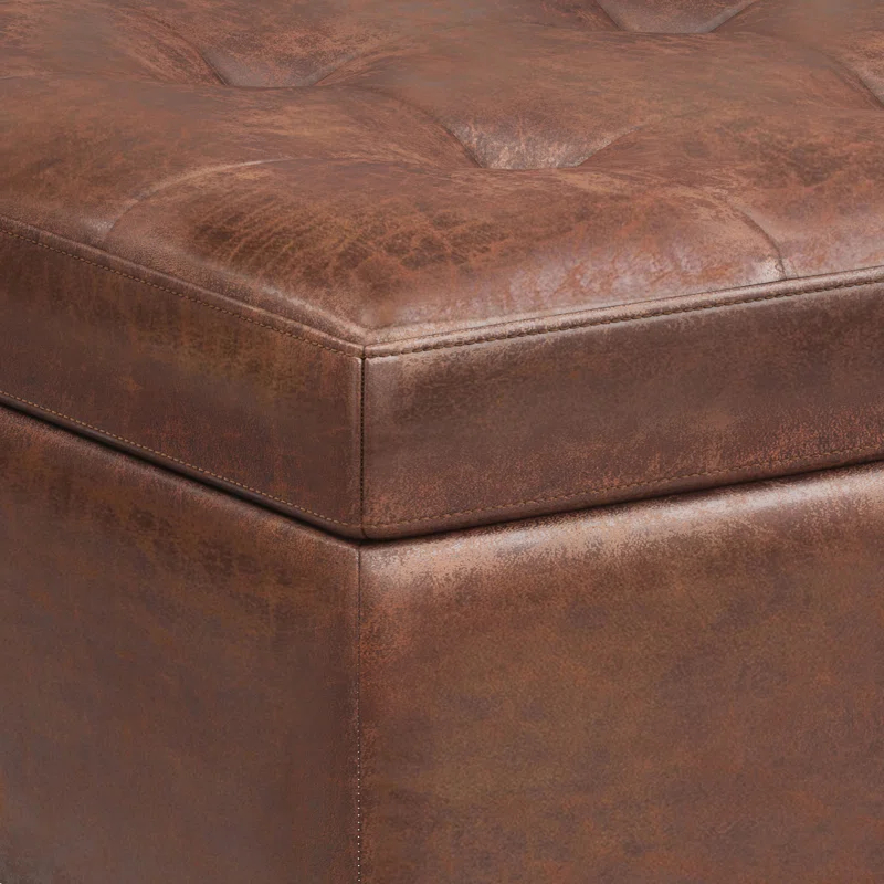 Simpli Home Shay 34"W Upholstered Coffee Table Storage Ottoman with Lift Top and Tufted Detailing