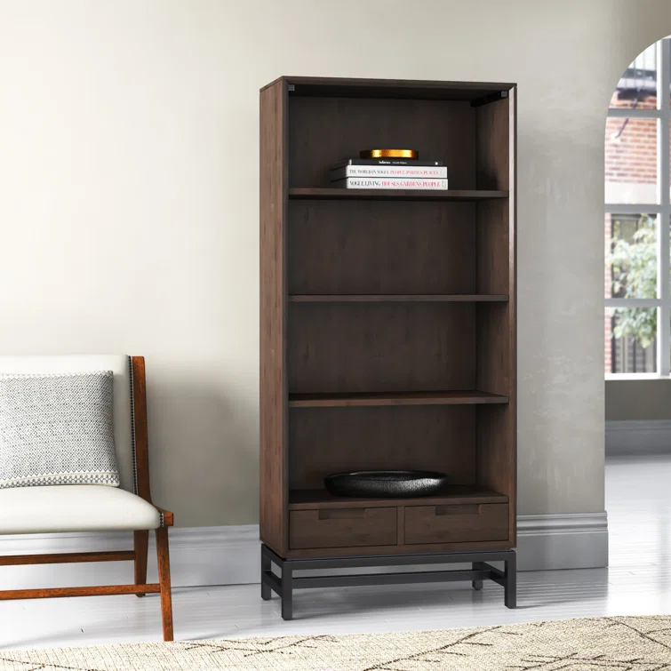 Banting 30"W Solid Wood 4 Shelf Industrial Bookcase with 2 Drawers, Adjustable Shelves, and Metal Base
