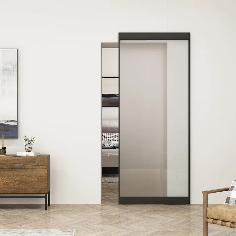 Calhome 40 in. x 84 in. Full Lite Frost Glass Steel Frame Sliding Door with Hardware Kit Hidden Track System