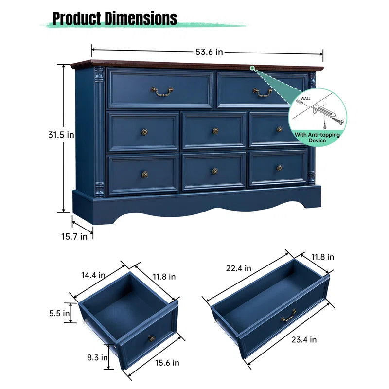Charlton Home® Gorritz 8 Drawers Dresser, 54" Wide Farmhouse Chest of Drawers with Charging Station