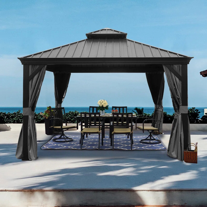 Kozyard Kozyard Alexander Gray Double Roof Hardtop Gazebo with Privacy Curtain Mosquito Netting