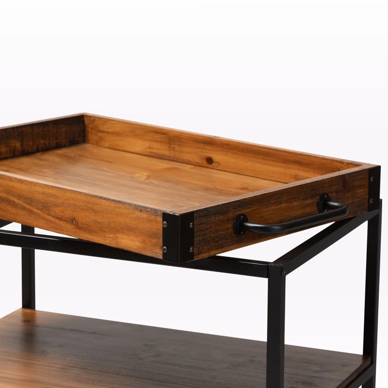 Livi Homes Paloma Mobile Metal Bar Cart with Stemware Rack in Vintage Rustic Industrial Oak Brown and Black