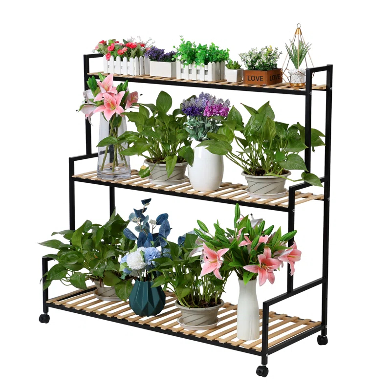 17 Stories Rustic Plant Stand with Wheels,Metal Plant Rack with Solid Wood,3 Tier Ladder Plant Flower Shelf
