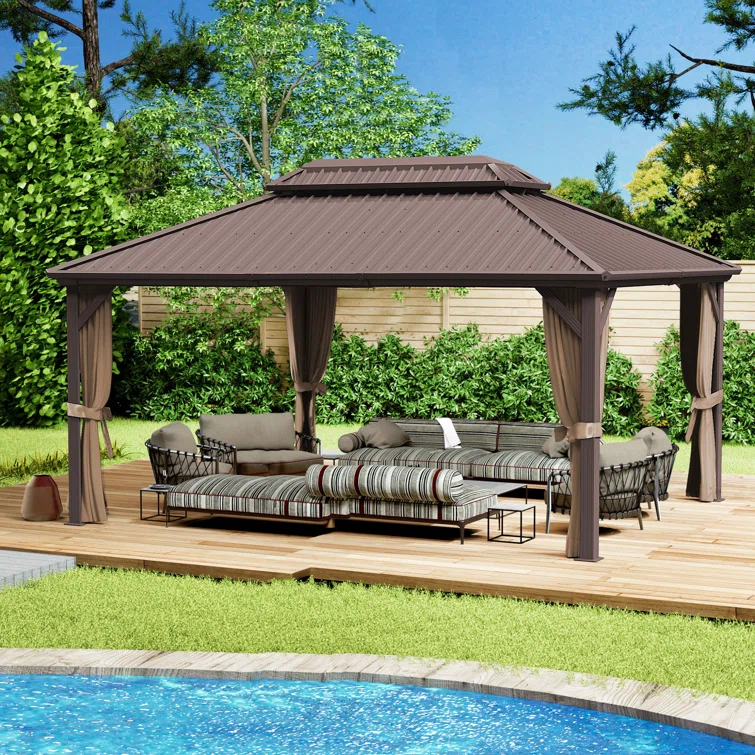 Kozyard Kozyard Caesar Gray Double Roof Hardtop Gazebo with Privacy Curtain and Mosquito Netting