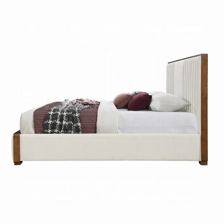 Benjara Lesa Bed, Channel Tufted Beige Chenille Upholstery, Walnut Brown