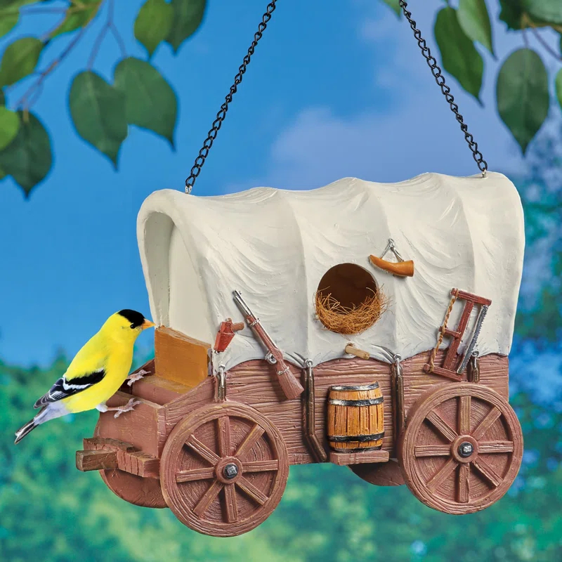 August Grove® Hand-Painted Covered Wagon Hanging Birdhouse