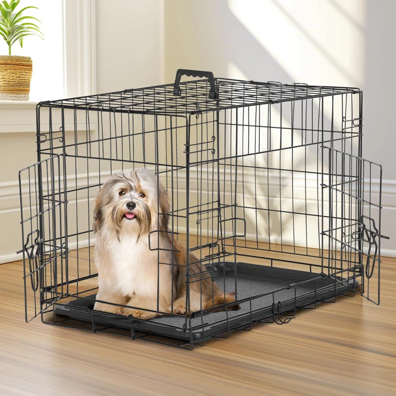 Ebern Designs Medium Dog Crate With Divider Panel, 30 Inch Double Door Folding Metal Wire Dog Cage With Plastic Leak-Proof Pan Tray, Pet Kennel For Indoor, Outdoor, Travel