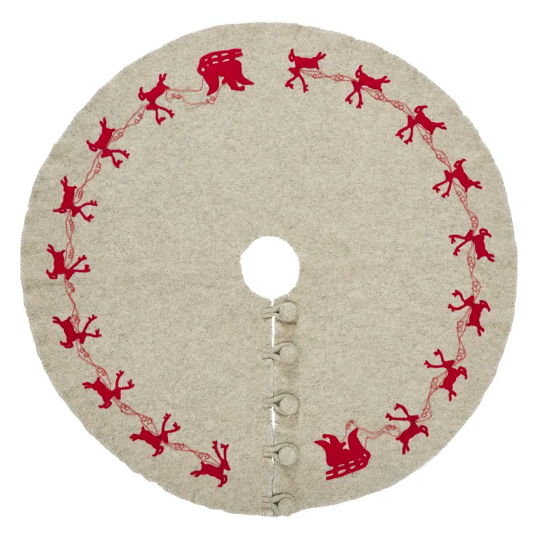 Arcadia Home Reindeer tree skirt- grey with red reindeer and cream whip stitch-72"