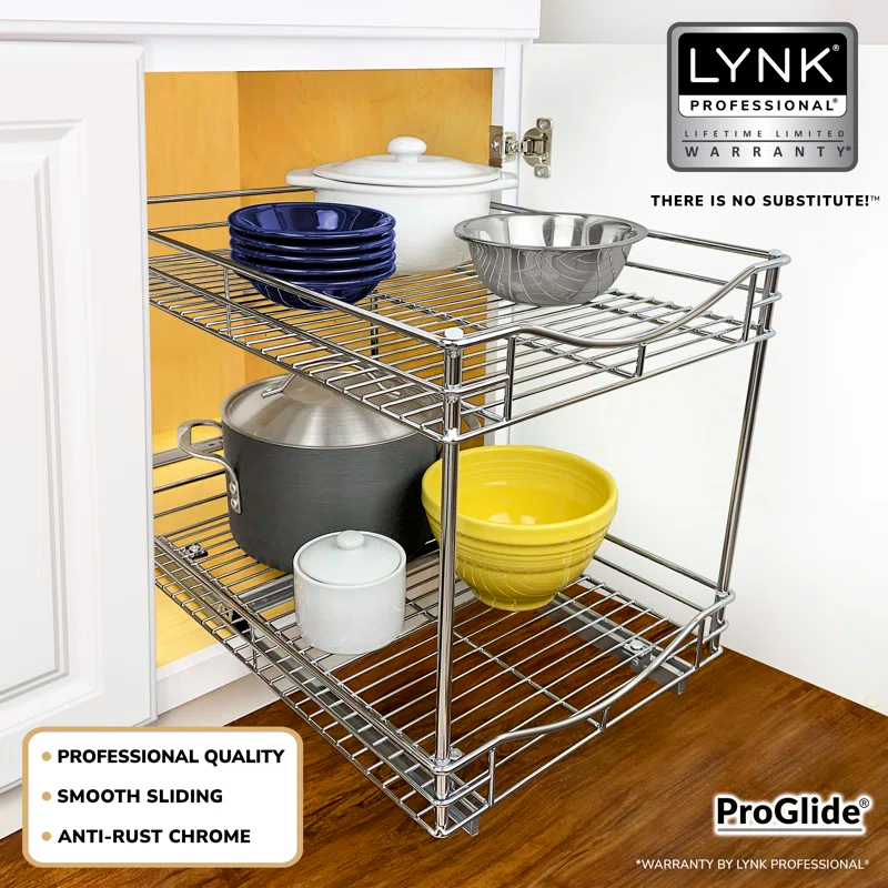 LYNK PROFESSIONAL Pull Out Cabinet Organizer (2 Tier) Slide Out Drawers for Kitchen, Chrome