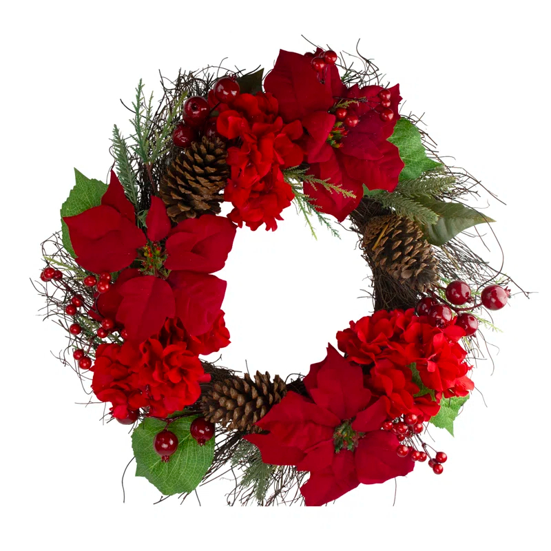 Northlight Seasonal Red Poinsettia and Hydrangea Flowers with Berries Artificial Christmas Wreath - 24-Inch Unlit