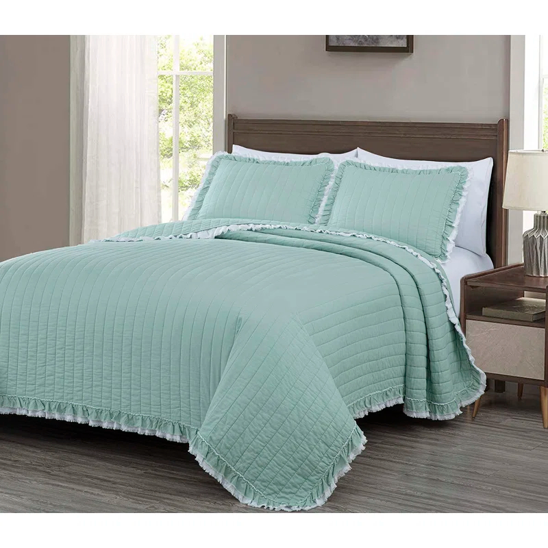Chezmoi Collection Bonnie Double Frayed Ruffled Edge Cotton Quilt Set