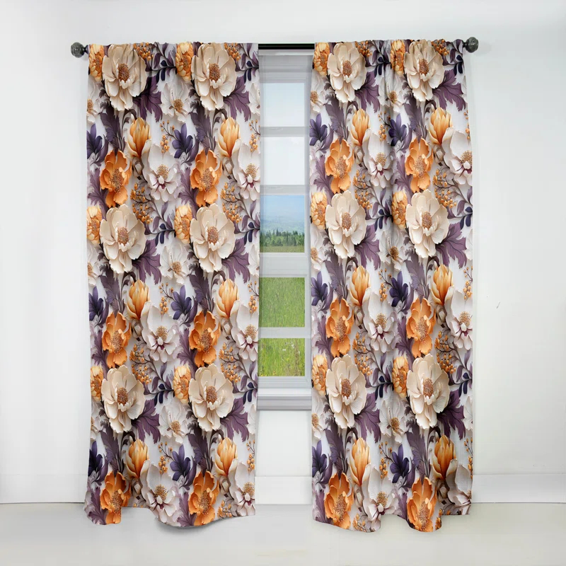 Design Art Beige And Purple Cottage Flowers Composition Polyester Blackout Single Curtain Panel Single Panel