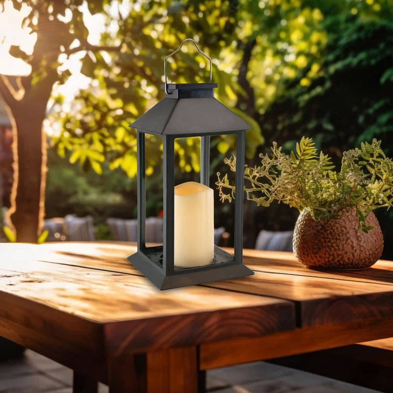 LumaBase Traditional Black Solar Powered Lantern with LED Candle