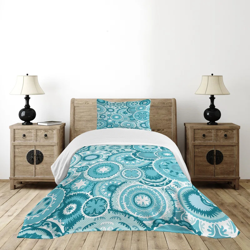 Ambesonne Ambesonne Aqua Bedspread Set Mandala Round Turquoise Teal White