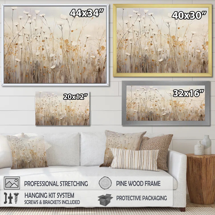Design Art Beige Wildflowers Floral Fantasy  - Minimal wildflowers on canvas print