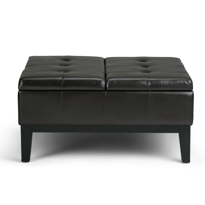 Simpli Home Dover 36"W Upholstered Square Coffee Table Storage Ottoman with Split Tufted Lift Top