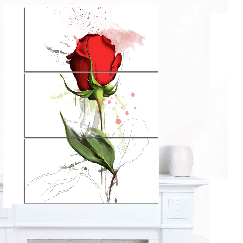 Design Art " Red Rose Hand-drawn Illustration " 3 - Pieces